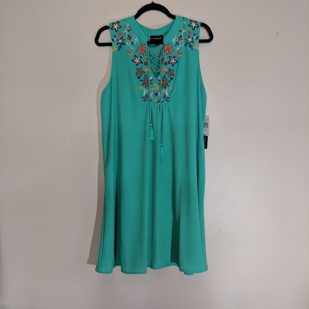 Green Sleeveless Embroidered SWING Dress XL